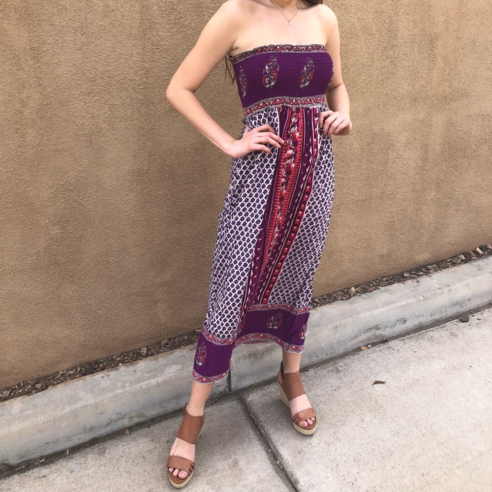 Angie Purple & Red Patterned Strapless Maxi Dress